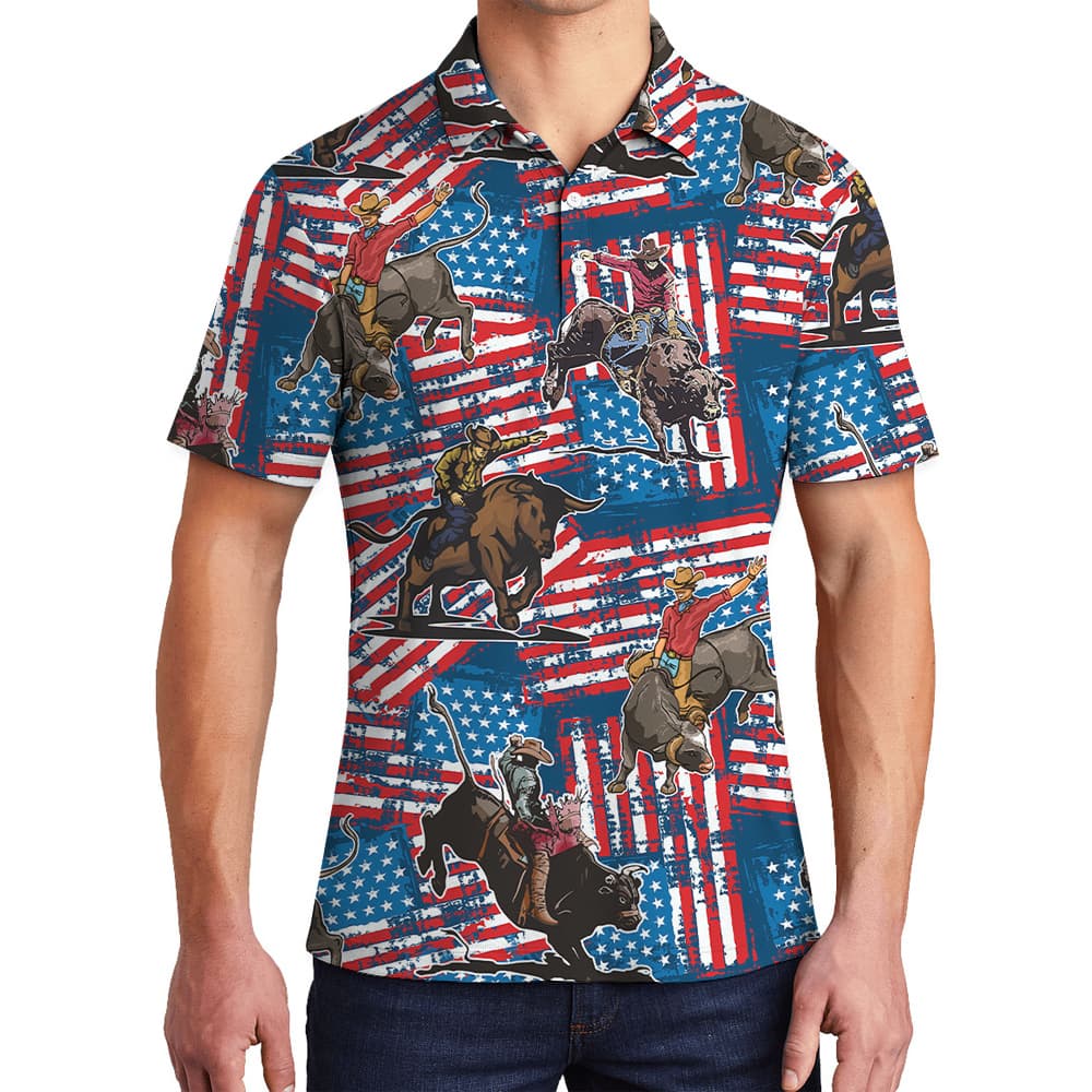 Funny Cowboy Bull Riding American Flag Men's Hawaiian Polo Shirt