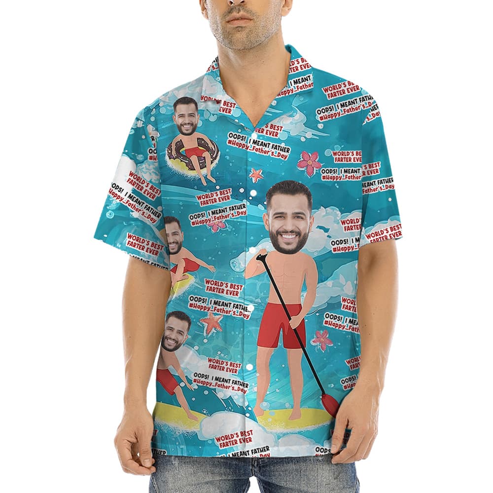 A Blue Beach Shirt with Custom Face for Father's Day