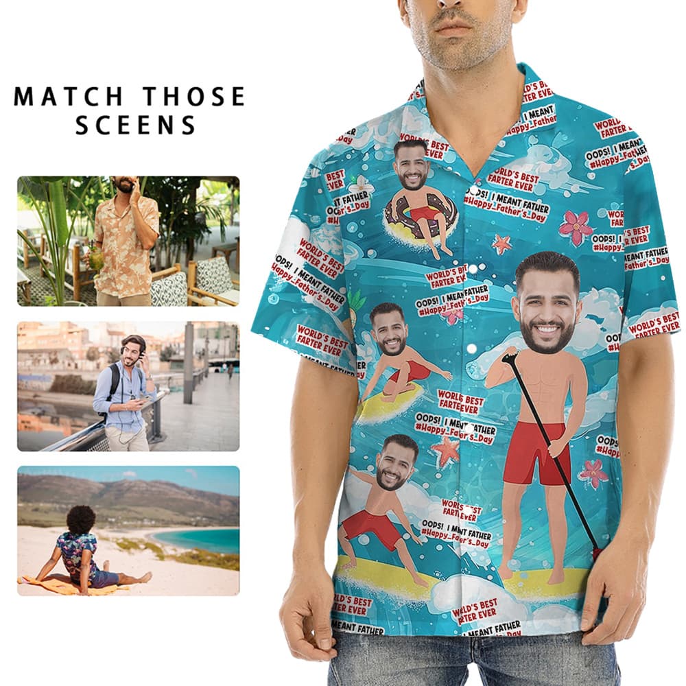 A Blue Beach Shirt with Custom Face for Father's Day