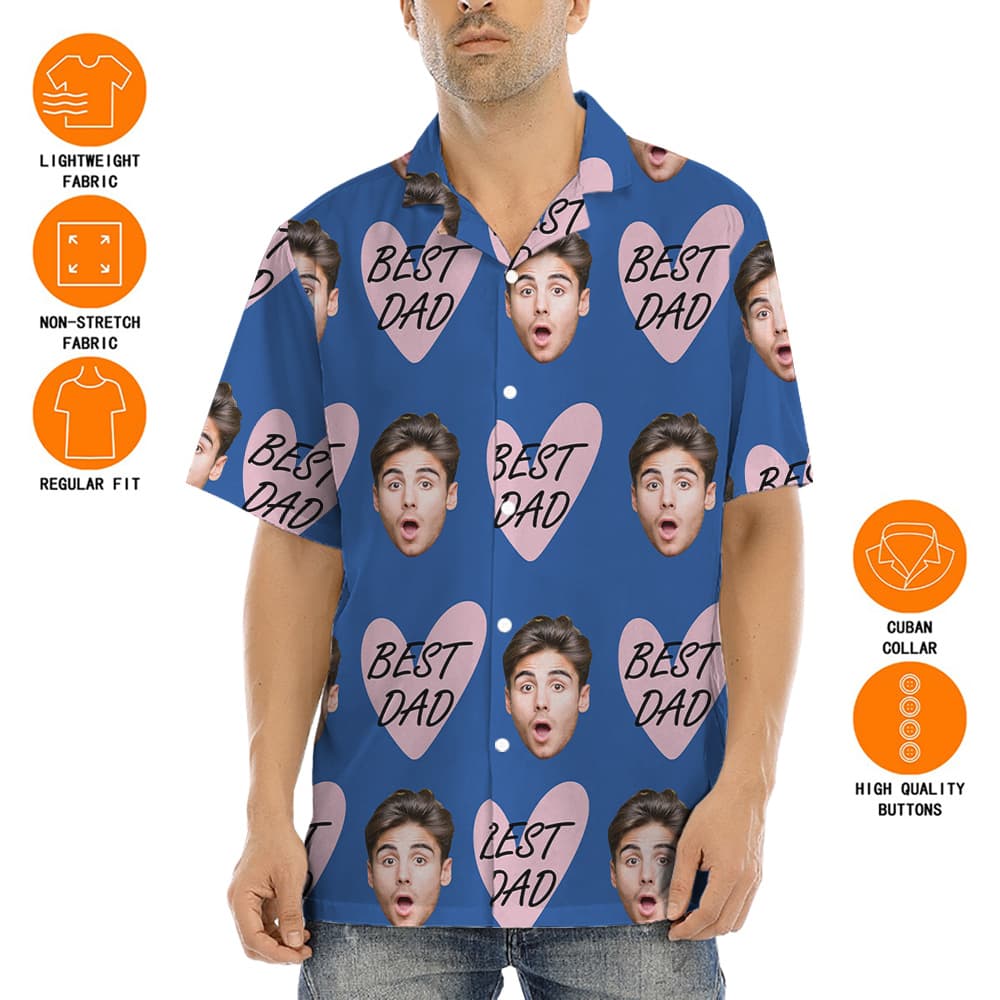 Funny Custom Dad's Face Blue Hawaiian Button Up Shirt