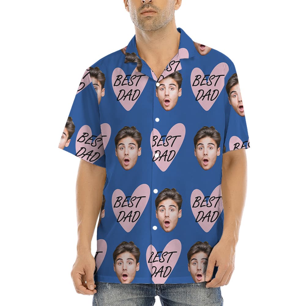 Funny Custom Dad’s Face Blue Hawaiian Button Up Shirt (4)
