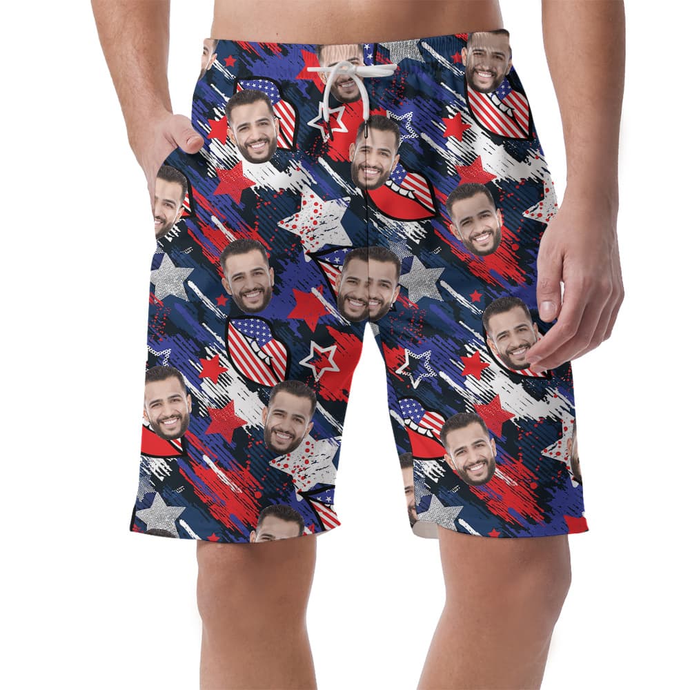 Funny Custom Face 4th Of July Blue Hawaiian Beach Shorts For Men