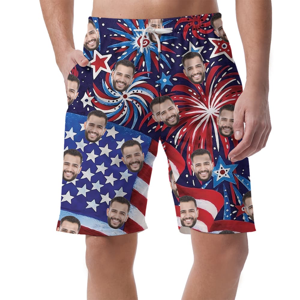 Funny Custom Face American Flag Firework Men's Hawaiian Beach Shorts