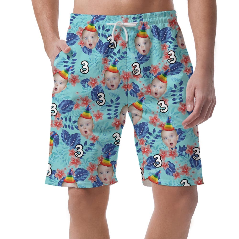 Funny Custom Face Birthday Summer Shorts Hawaiian has an attractive tropical print in blue, with hibiscus, leaves and custom face and birthday age