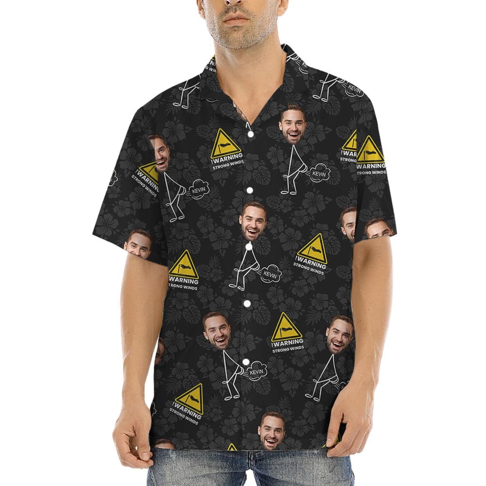 Funny Farting Dad Custom Face Hawaiian Button Shirt has option to custom father's face on a body giving fart! So funny