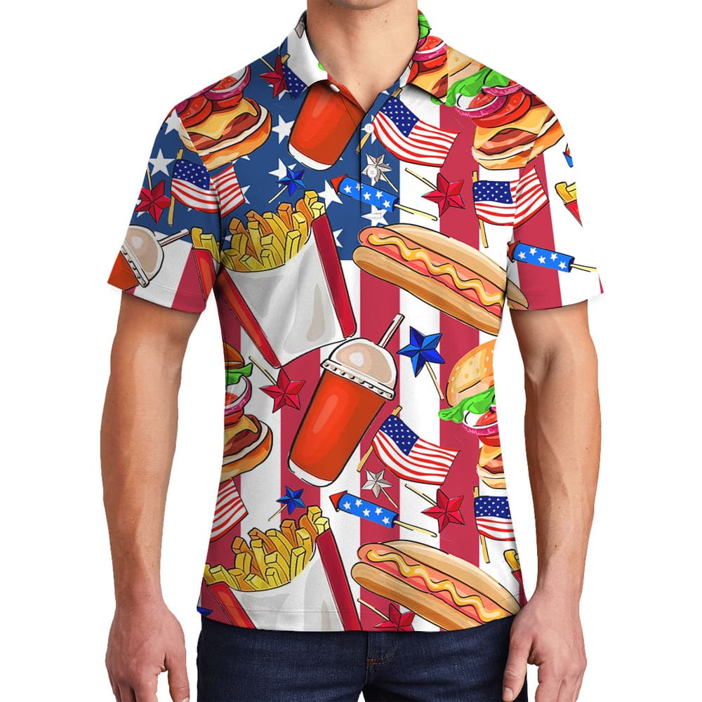 Funny Hotdog American Flag Men's Hawaiian Polo Shirt