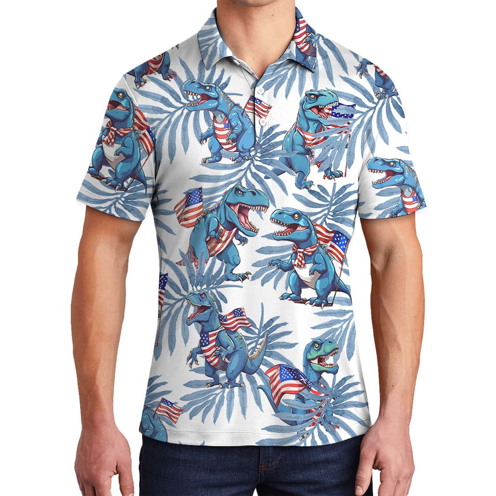 Funny Patriotic Dinosaur Blue Men's Polo Shirt