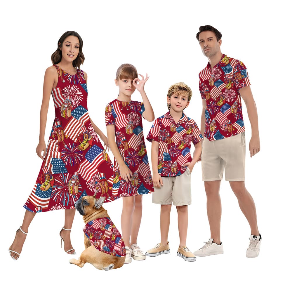 Funny Patriotic Hotdog Firework Red Matching Hawaiian Outfits For Family