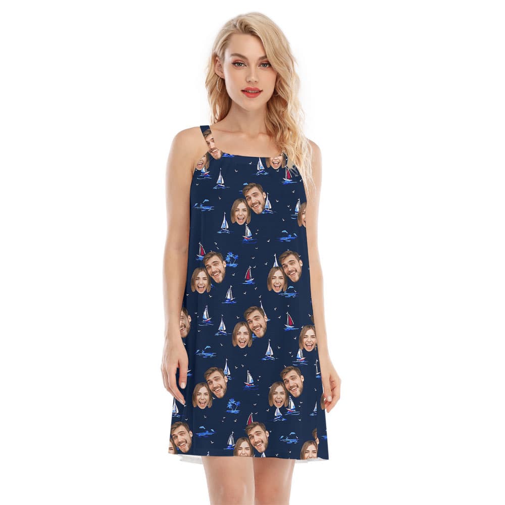 Funny Ship Print Navy Cami Dress With 1-4 Faces1