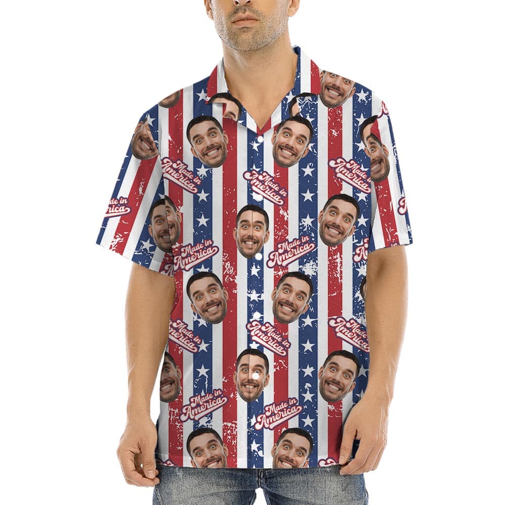 Funny Striped Custom Hawaiian Shirt Made In USA has a unique American flag pattern with custom face