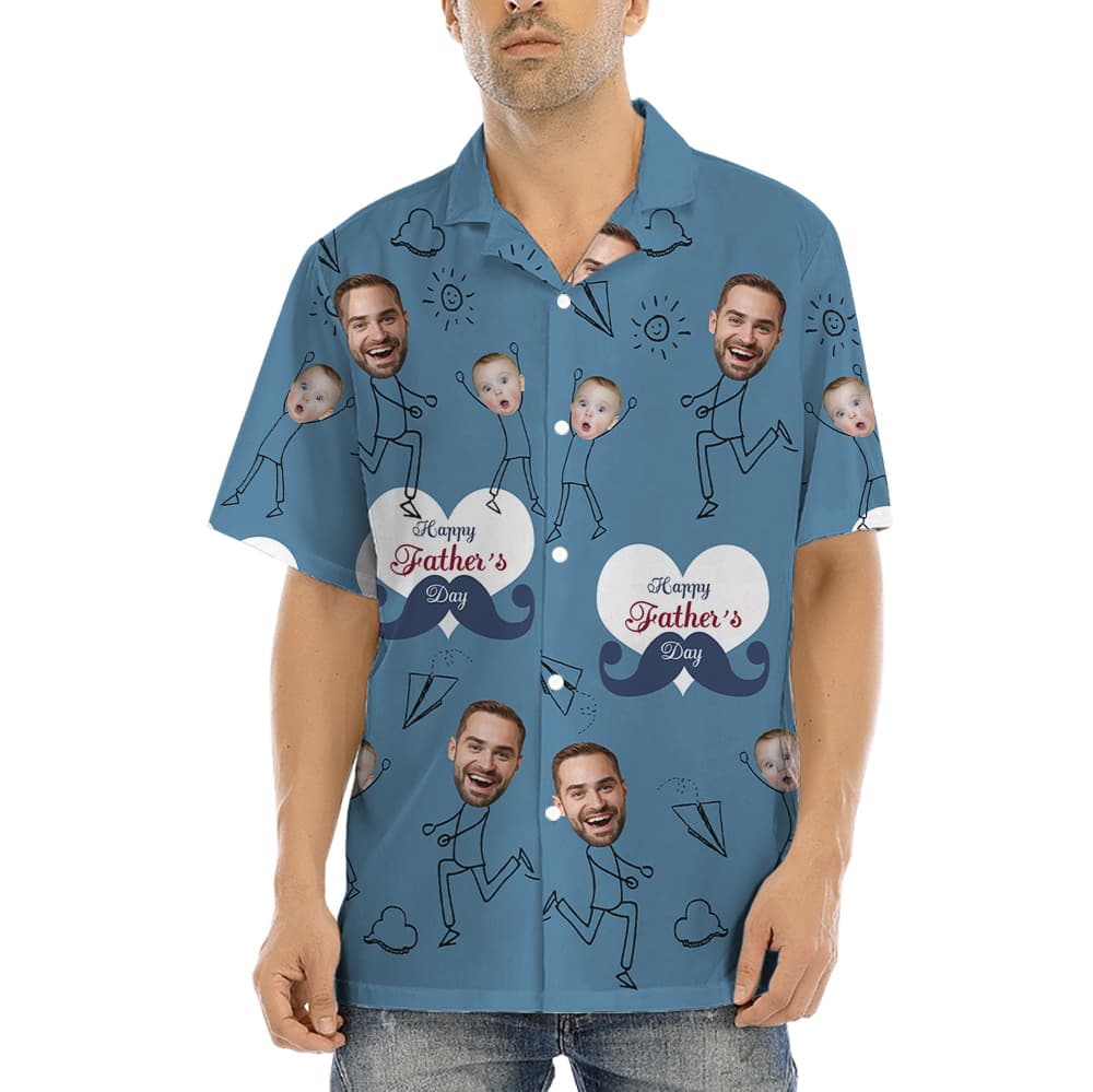 Happy Father’s Day Custom Face Dad And Kids Navy Hawaiian Shirt (1)