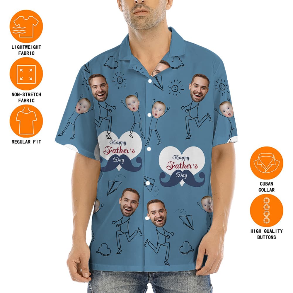 Happy Father's Day Custom Face Dad And Kids Navy Hawaiian Shirt
