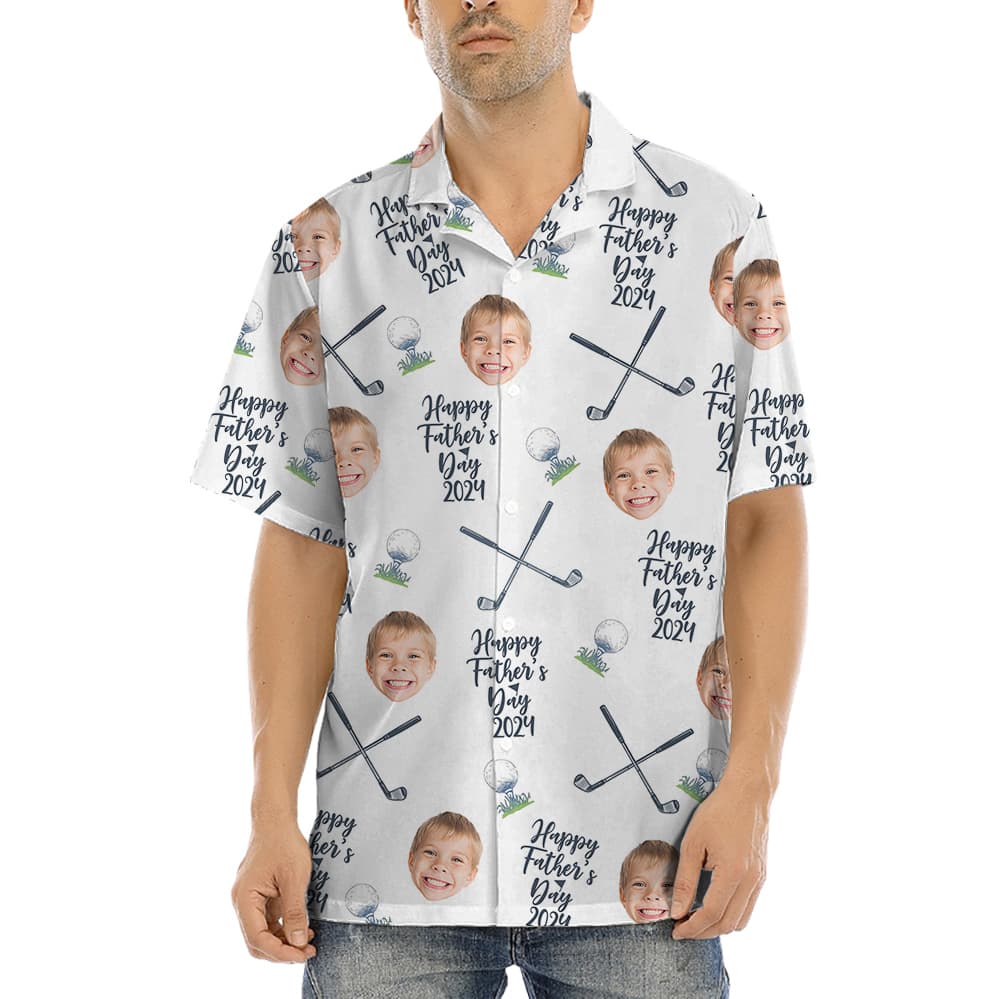 A Button Up Shirt with text "Happy Father's Day 2024" and Custom Kid's Faces