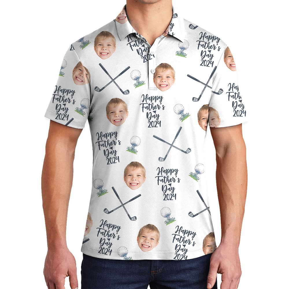 A Polo Goft Shirt with Text "Happy Father's Day 2024" and Custom Kid's Faces