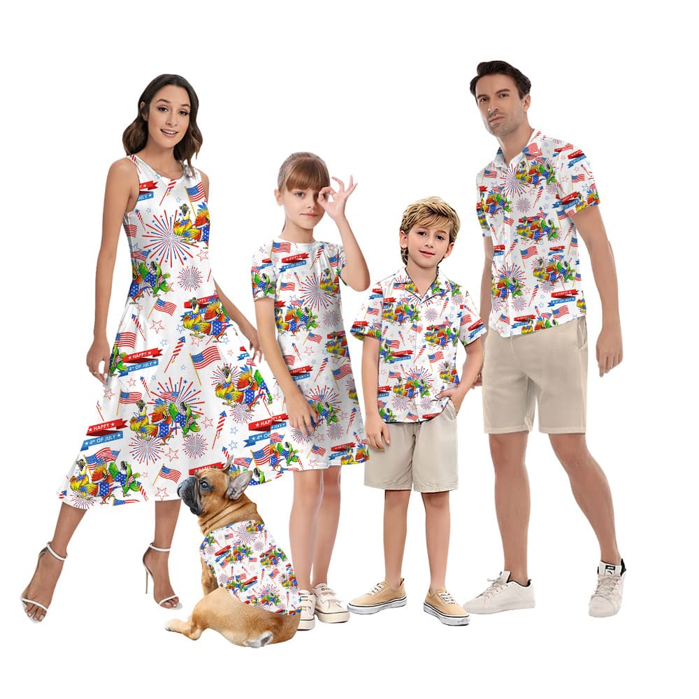 Happy Patriotic Parrot Firework Matching Hawaiian Shirt And Dress For Family