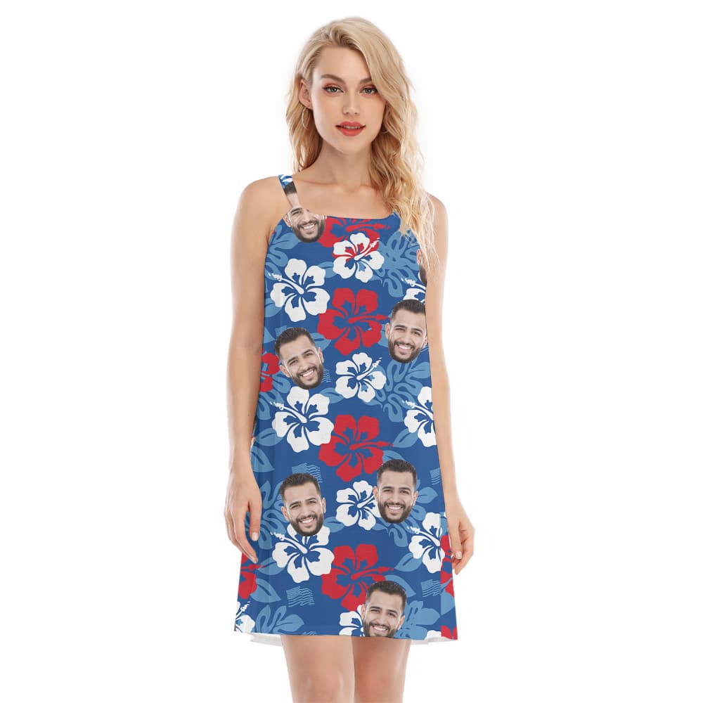 Independence Day Custom Face Blue Hibiscus Hawaiian Cami Dress