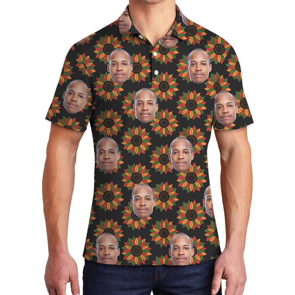 Unique polo shirt featuring repeated face graphics and vibrant sunflower designs on a black background