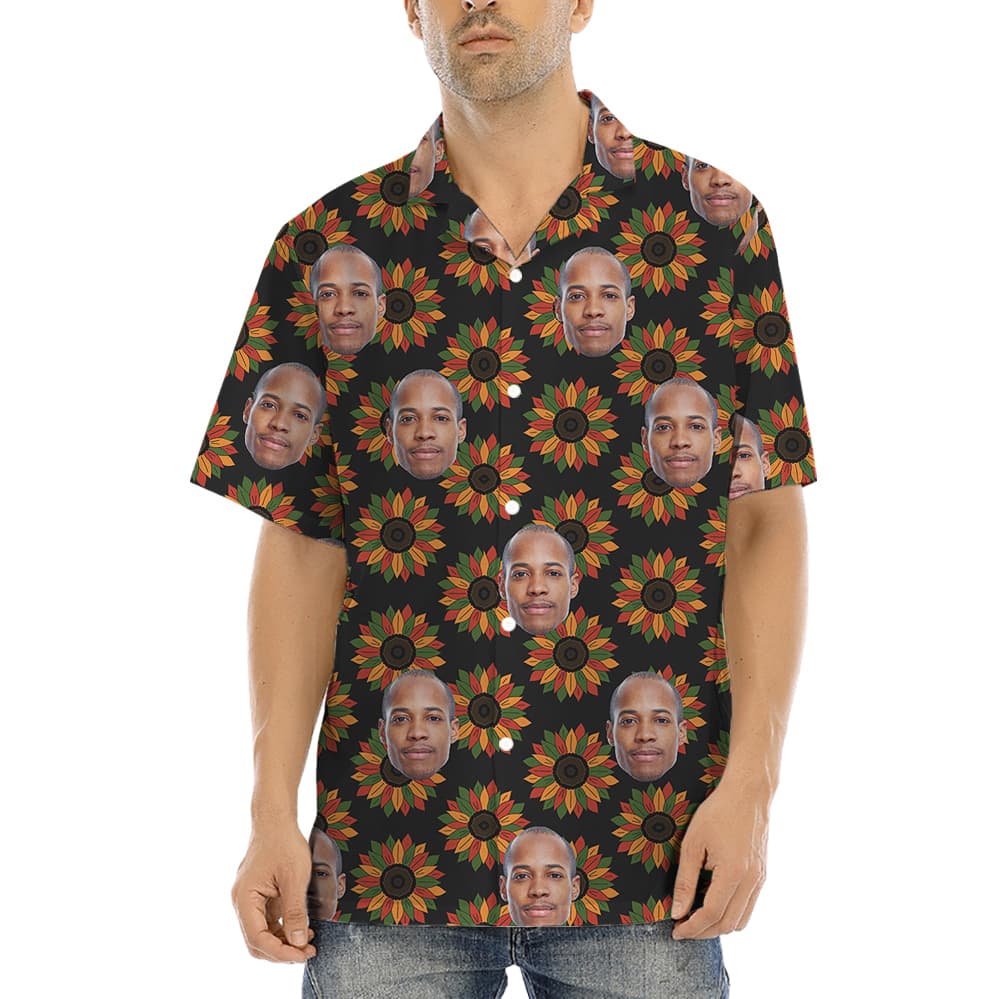 Unique shirt pattern featuring repeated face graphics and vibrant sunflower designs on a black background