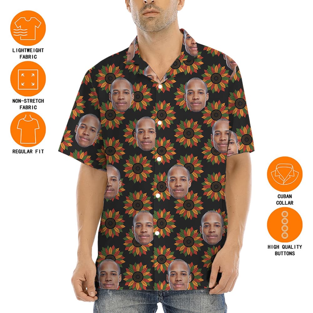 Unique shirt pattern featuring repeated face graphics and vibrant sunflower designs on a black background