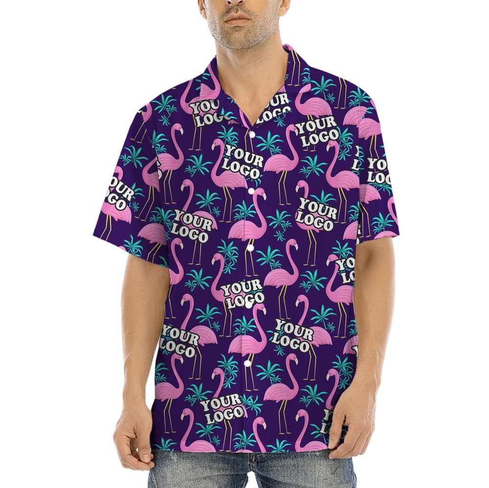 Matching Custom Logo Flamingo Aloha Shirts Mens is a button- up shirt style with short sleeves, camp collar, the print is so fun with pink flamingos and palm trees all over the print