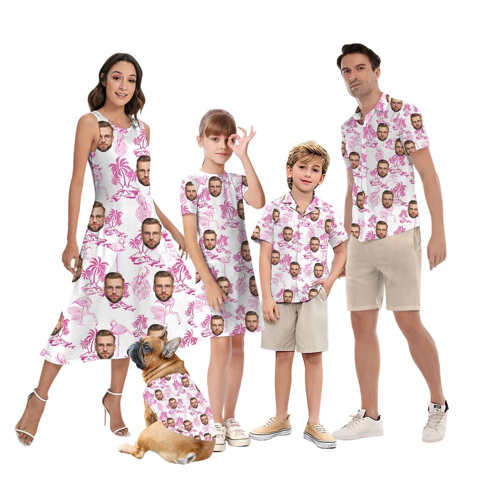 Matching Flamingo And Beach Family Hawaiian Shirt With Faces1