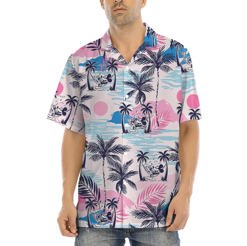 A Button Up Bula Shirt with Mickey 1928 on Tropical Theme