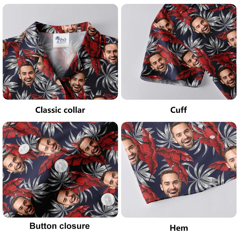 Navy Personalized Tropical Shirt With Photo Red Leaves details