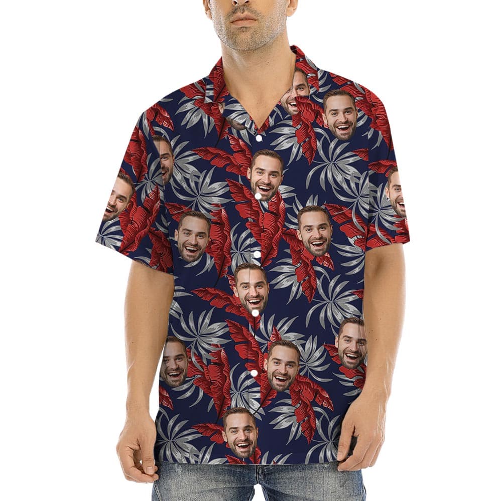Navy Personalized Tropical Shirt With Photo Red Leaves has a navy tropical background with leaves and custom faces all over