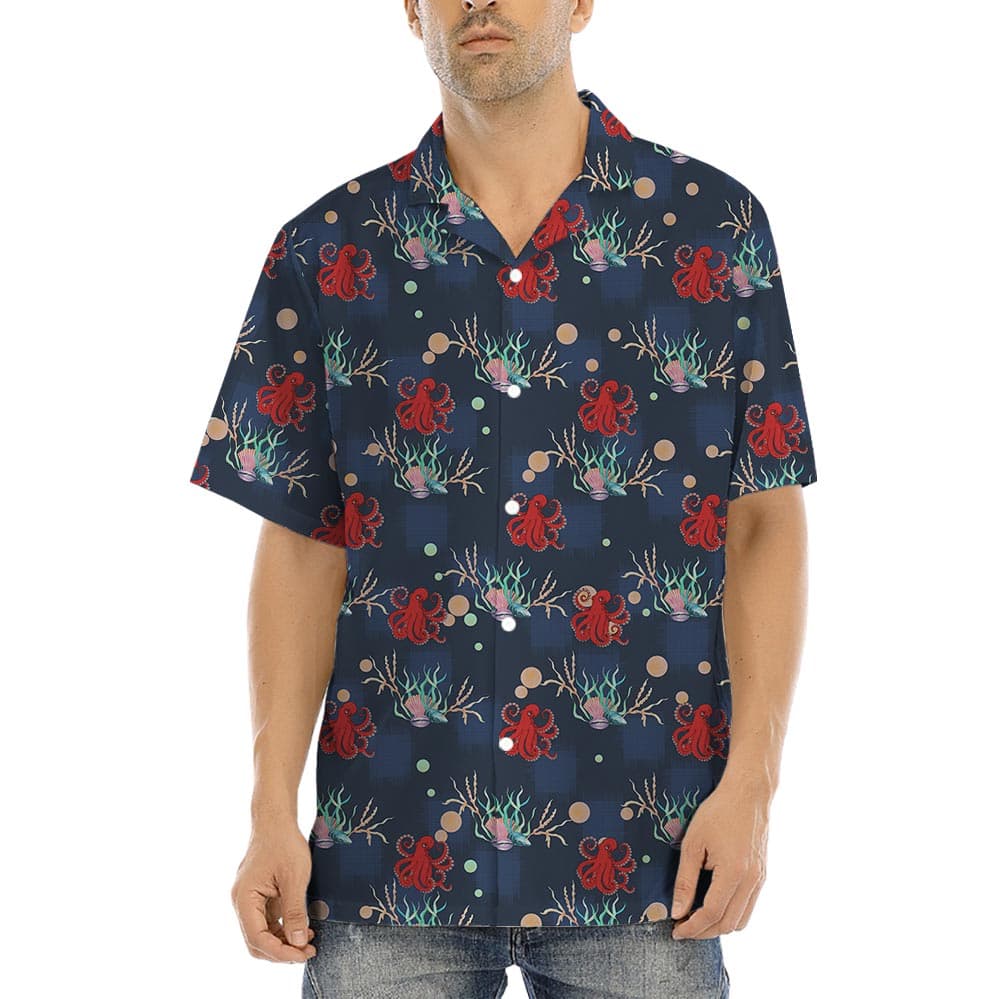 Octopus Ocean Hawaiian Shirt For Men Navy is a button up shirt with short sleeves and camp collar