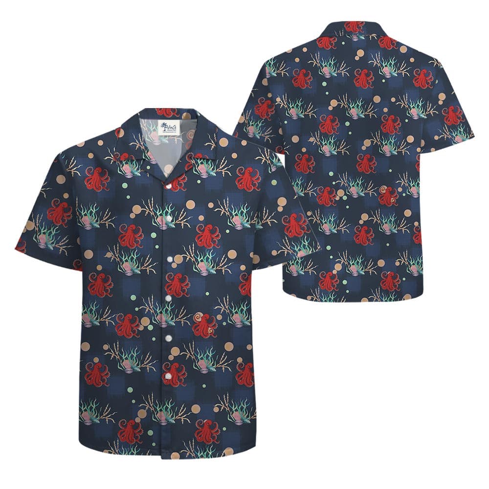 Octopus Ocean Hawaiian Shirt For Men Navy front and back print with all octopus!