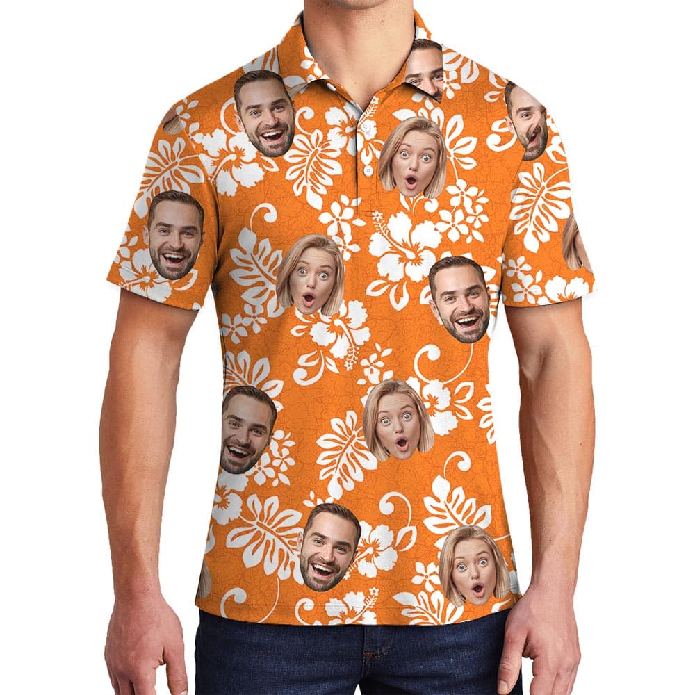 Orange Men's Tropical Hibiscus Polo With Custom Logo