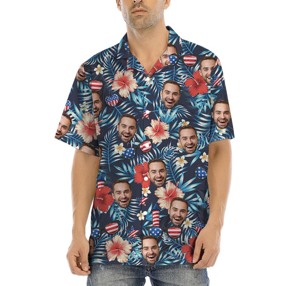 Patriotic Personalized Hawaiian Shirts With Preview has a navy background with tropical and flowers, patriotic images and custom face option
