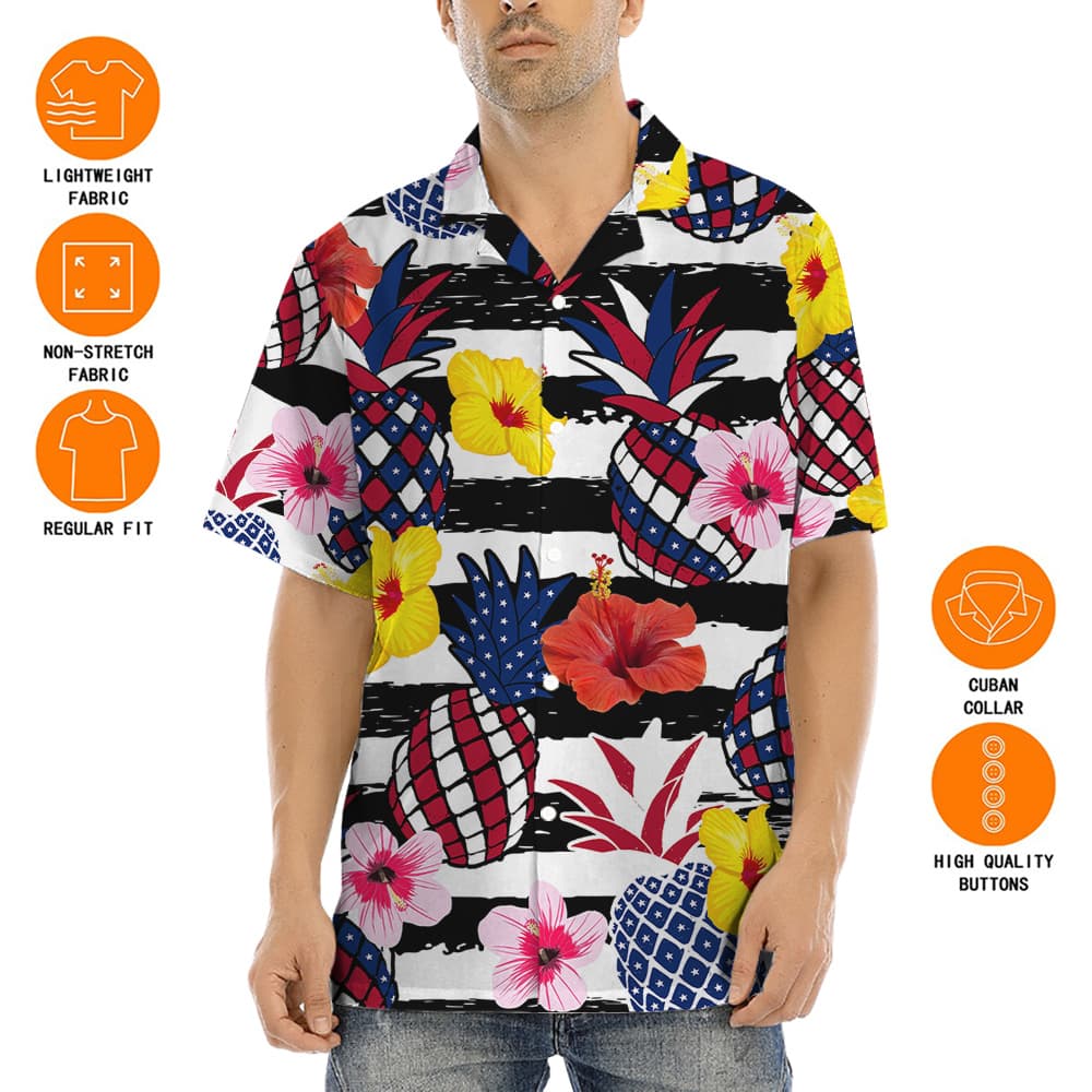 Patriotic Pineapple Hibiscus Red White Blue Patriotic Aloha Shirt