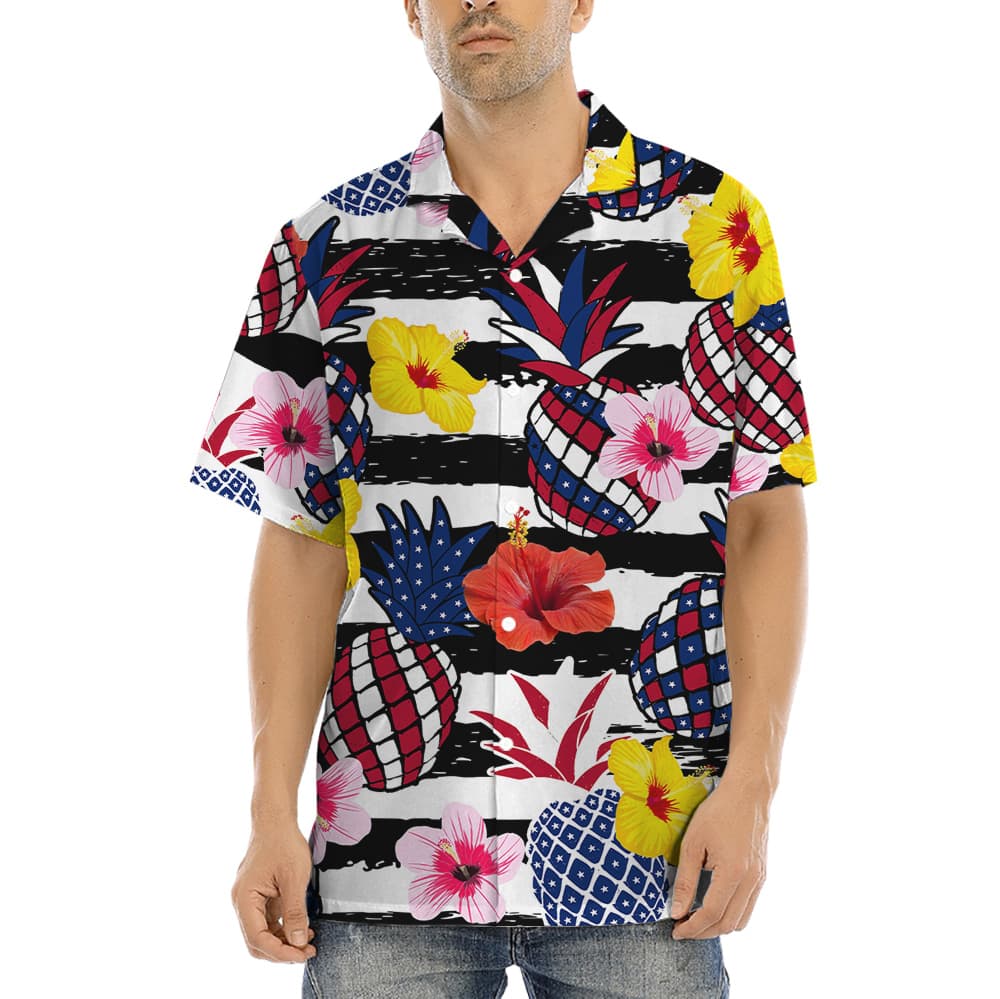 Patriotic Pineapple Hibiscus Red White Blue Patriotic Aloha Shirt (2)