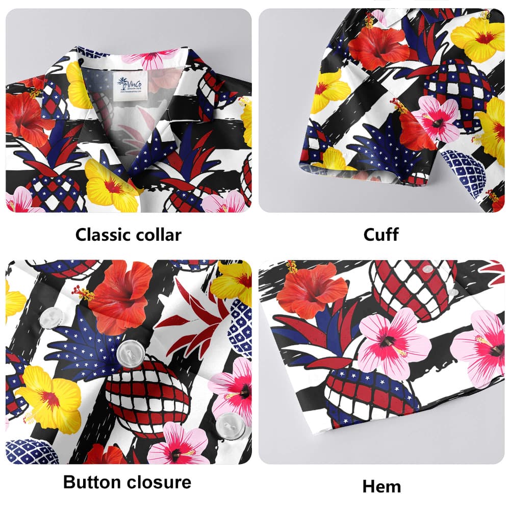 Patriotic Pineapple Hibiscus Red White Blue Patriotic Aloha Shirt