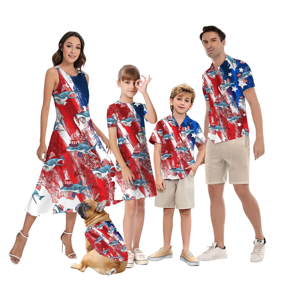 Patriotic Shark 4th Of July Matching Hawaiian Outfits For Family