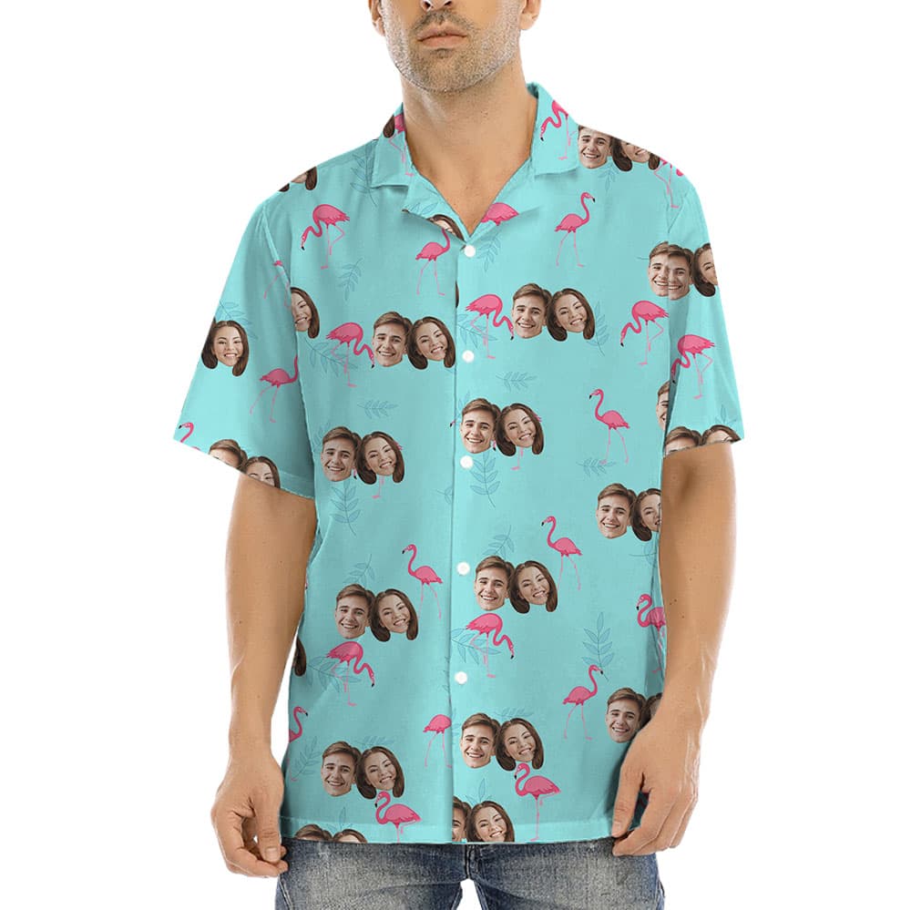 Personalized 1-5 Faces Blue Flamingo Hawaiian Shirt1