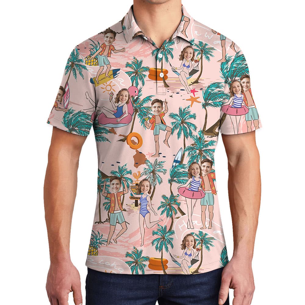 Personalized Beach Polo Shirt With Couple Faces1
