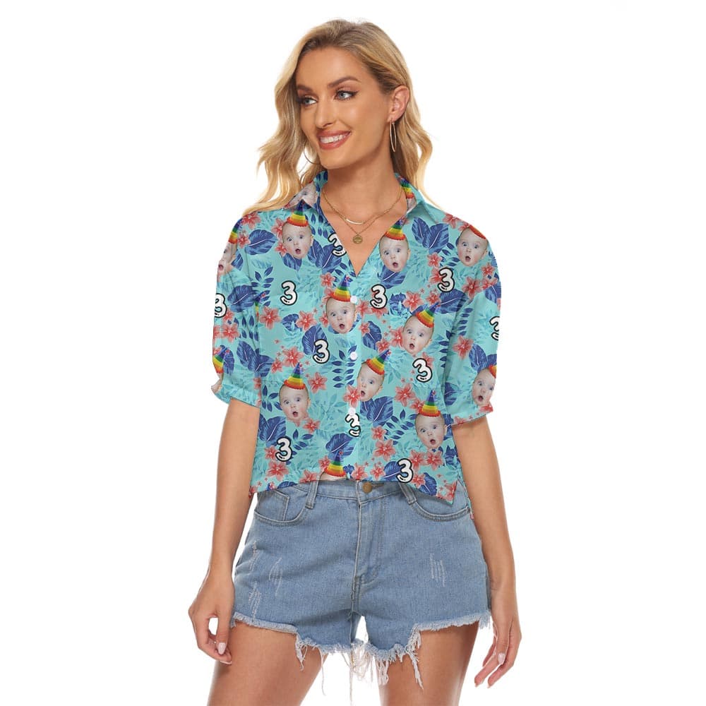 Personalized Birthday Ladies Crop Top Tropical Shirt has a stylish cropped style with blue tropical print