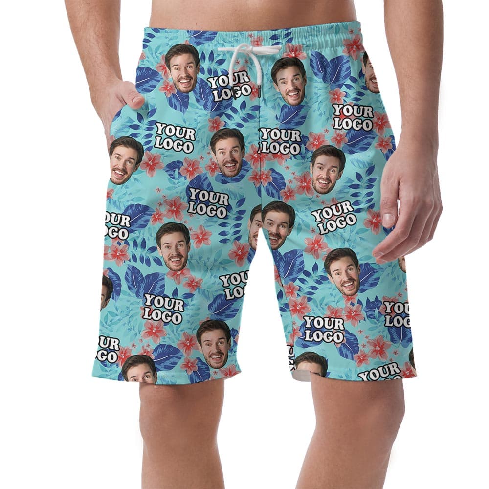 Personalized Blue Men's Summer Shorts With Face And Logo has a cool print with tropical and specially can be customized with photos