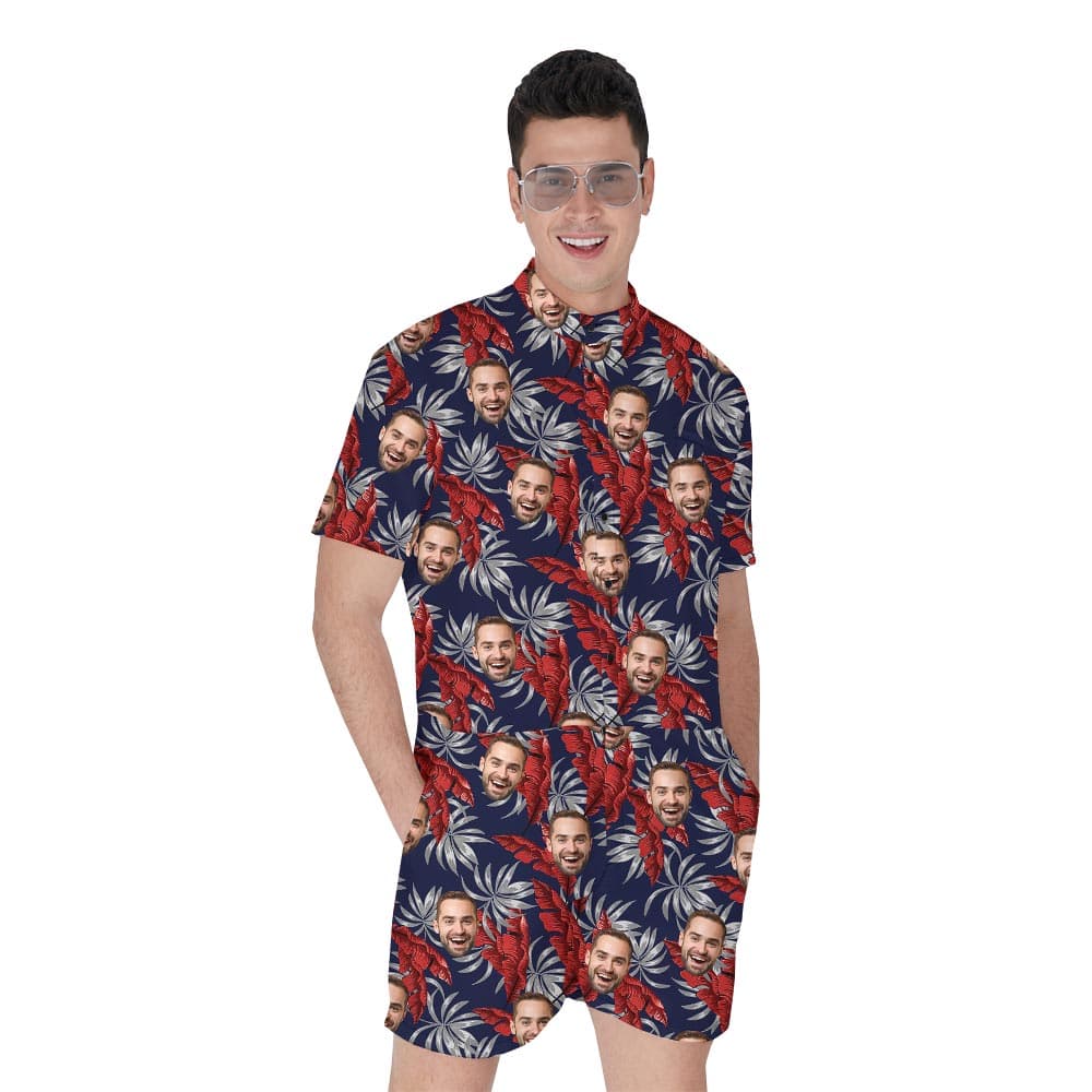 Personalized Male Tropical Romper With Custom Your Photo has a beautiful Hawaiian background with tropical leaves and photo print, offers a cool look for summer
