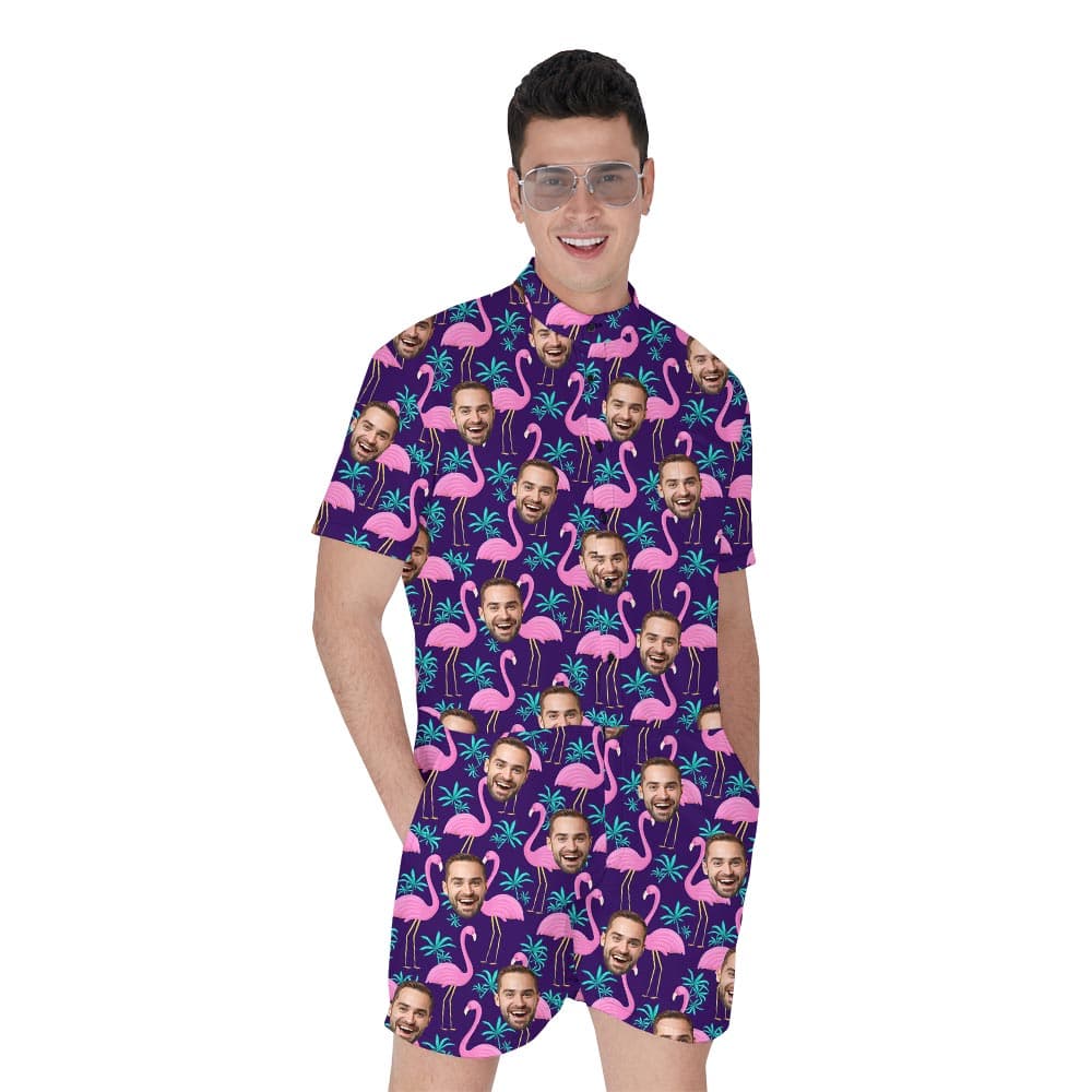 Personalized Men's Flamingo Romper With Different Faces has unique purple tropical print with flamingo