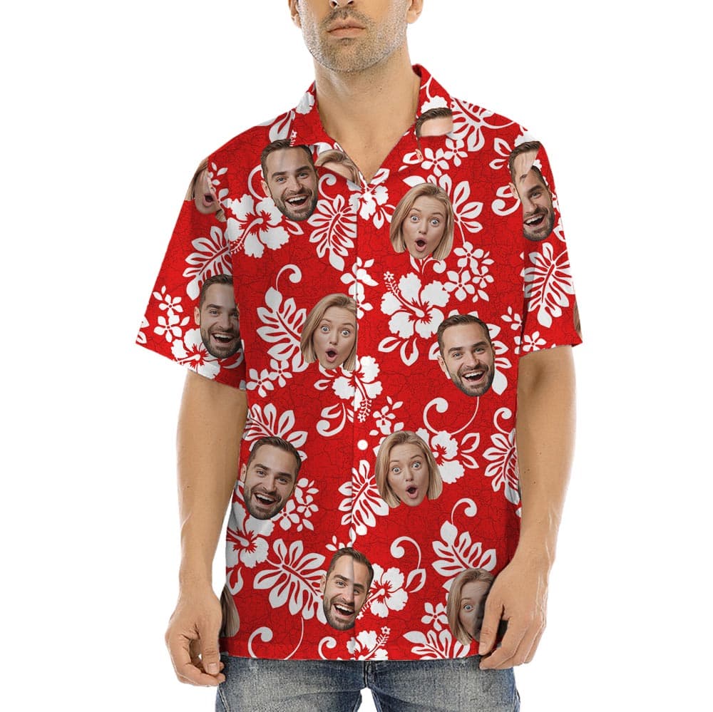 Personalized Men's Red Aloha Shirt With Logo has beautiful red tropical print with hibiscus
