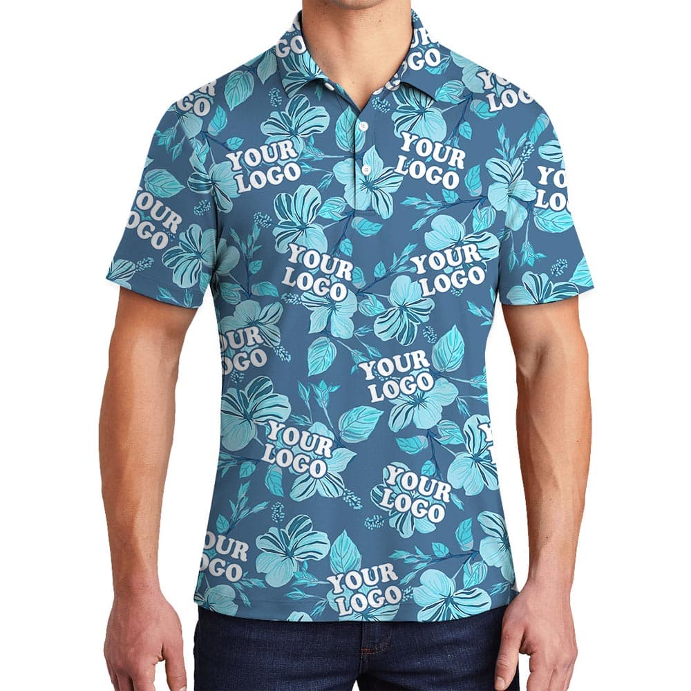Blue Personalized Polo Shirt With Logo For Team is beautifully printed with floral pattern and you can put your team logo on the shirt