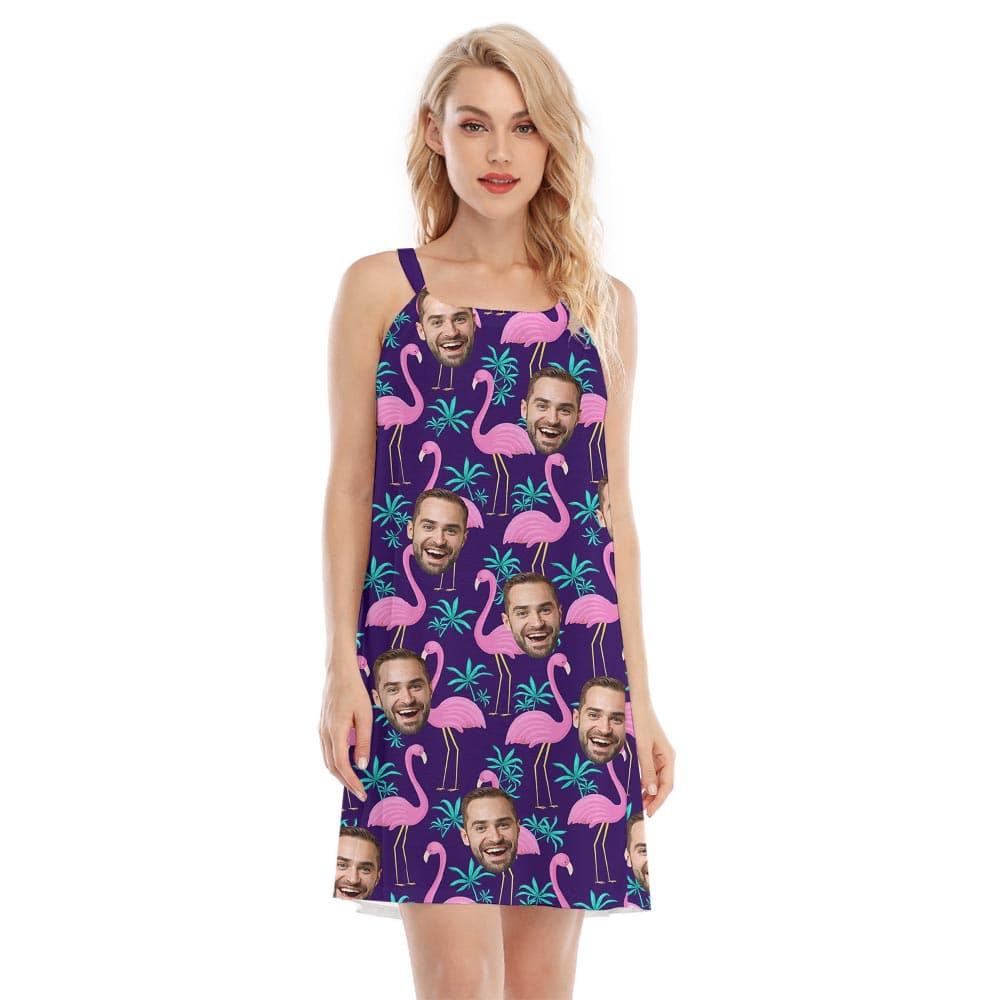 Pink Flamingo Tropical Dress With Custom Different Faces has a beautiful print of flamingo on purple tropical pattern