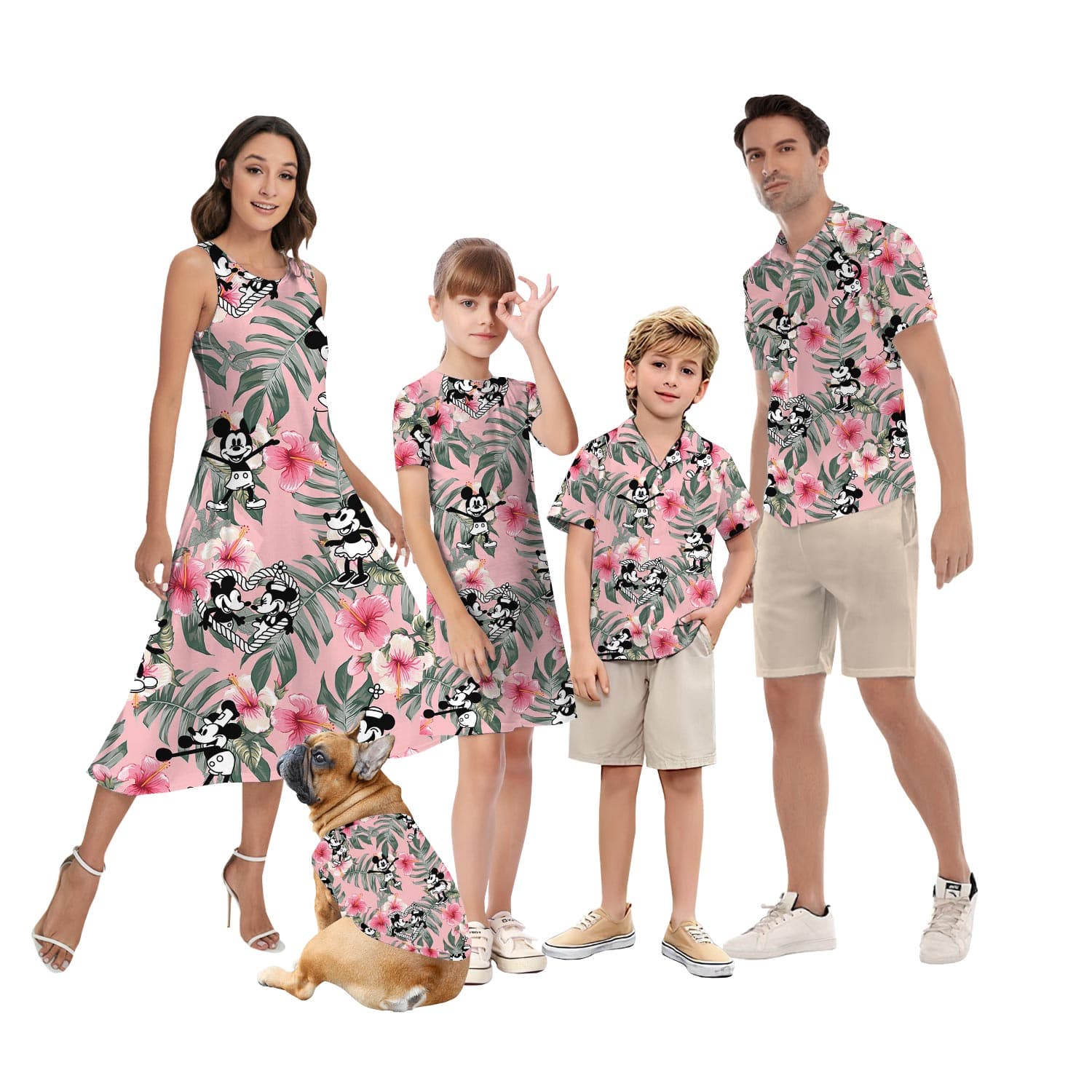 Steamboat Willie Mickey Minnie Matching Tropical Outfits For Family has adult and kid styles available, with lovely pink tropical print with Mickey and Minnie from Disney