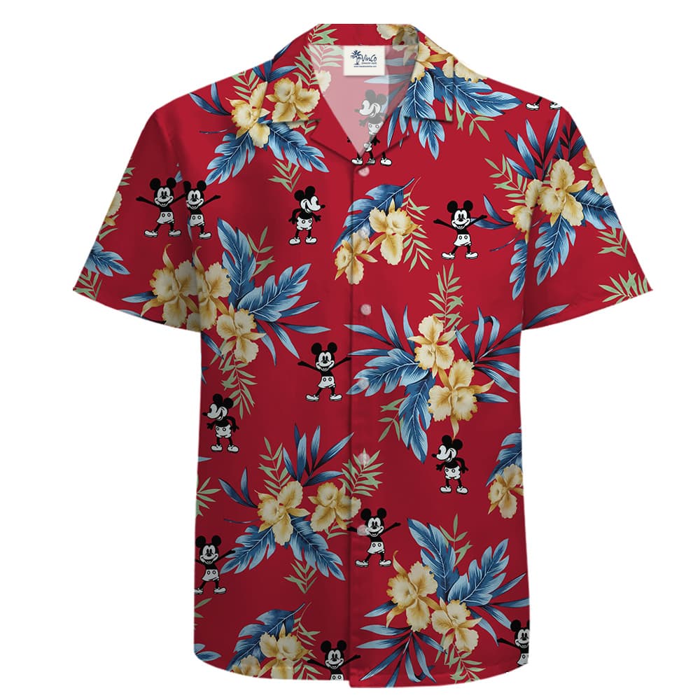 A Red Cotton Tropical Shirt with Mickey and Florals