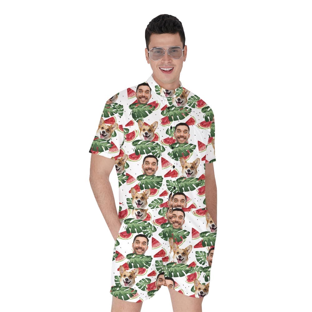 Put Your Face And Friends' Face On Men's Tropical Romper is a short style and allows custom multiple faces all over the print