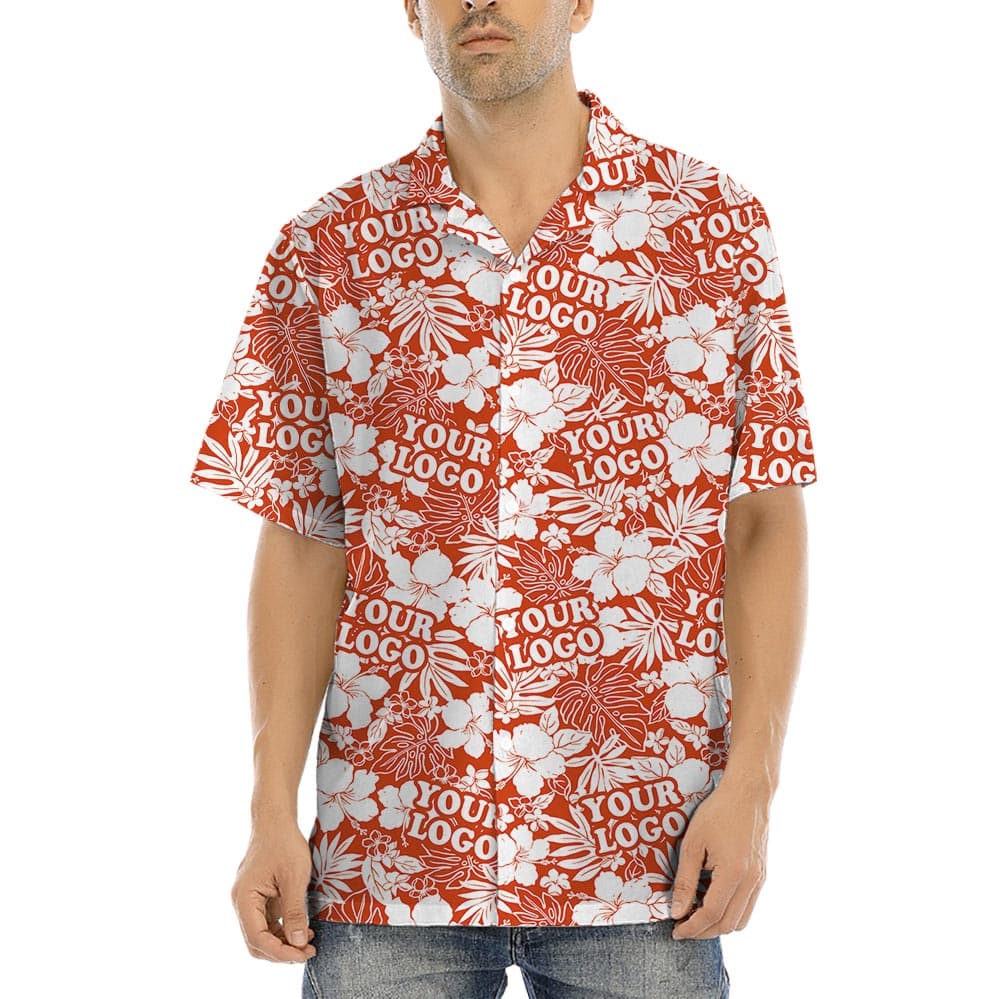 Red Hawaiian Shirt with Custom Company Logo is so fun with tropical print on a red background, allows you to custom your company on it