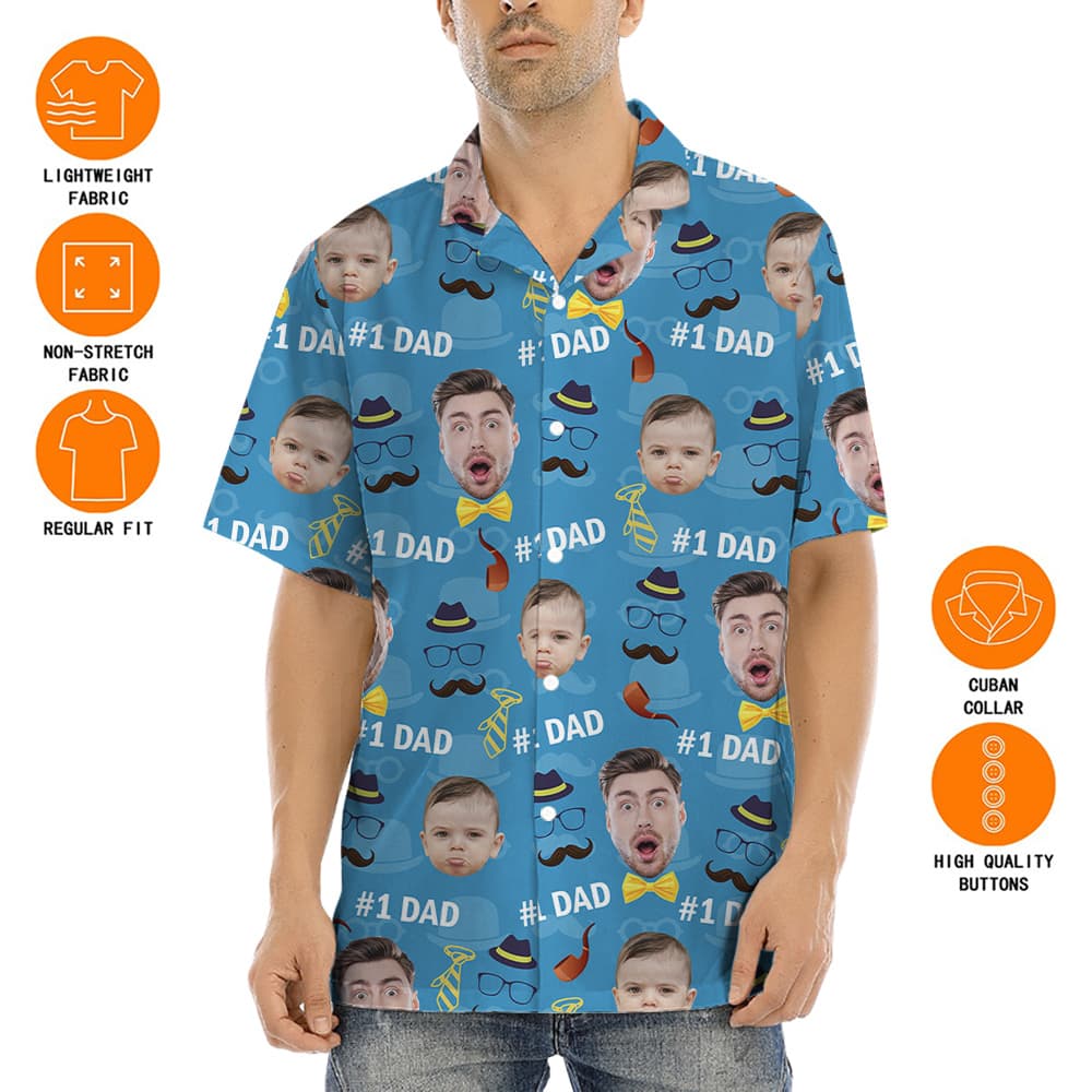 Top Dad Custom Face Father And Kids Blue Hawaiian Shirt